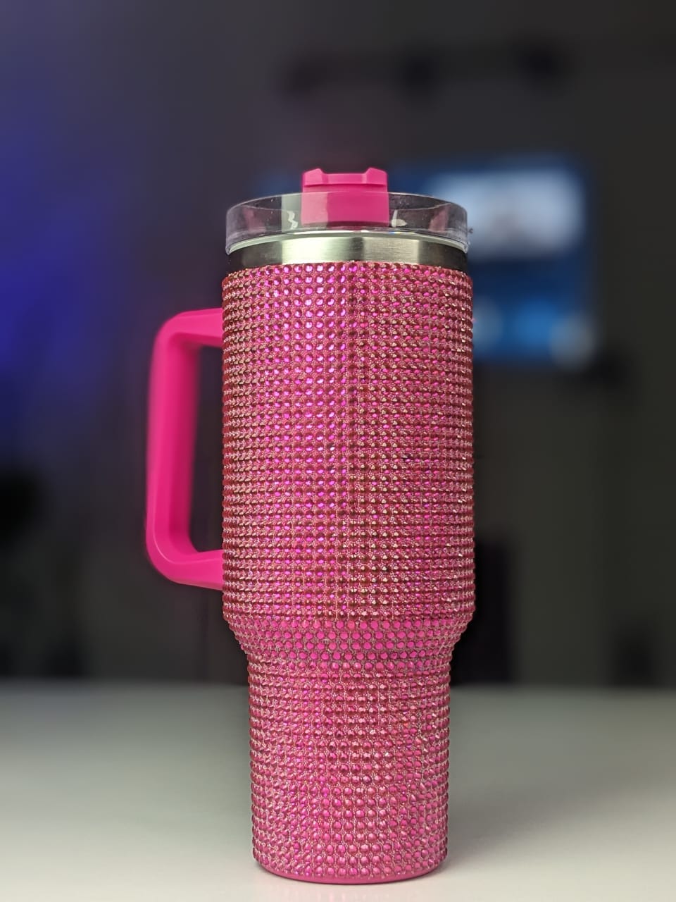 Shiny Rhinestone 40 0z Tumbler with Handle - BUBBLE GUM