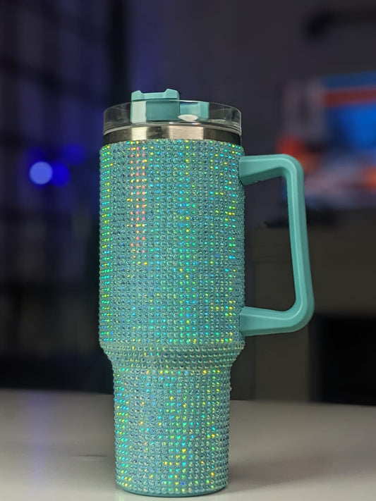 Shiny Rhinestone 40 0z Tumbler with Handle - SEA GREEN