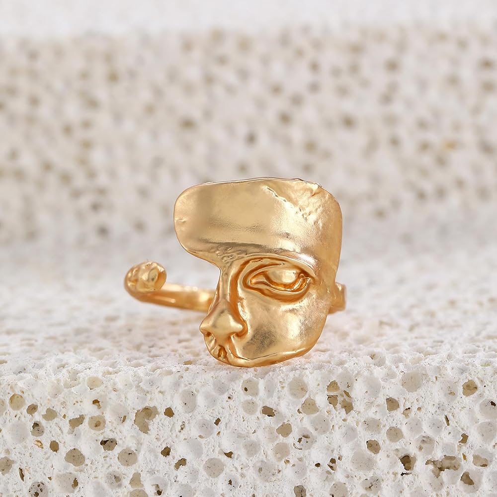 Burnt Gold Textured Mask Gold Handmade Ring  |  High-end Luxury Jewelry Adjustable Ring
