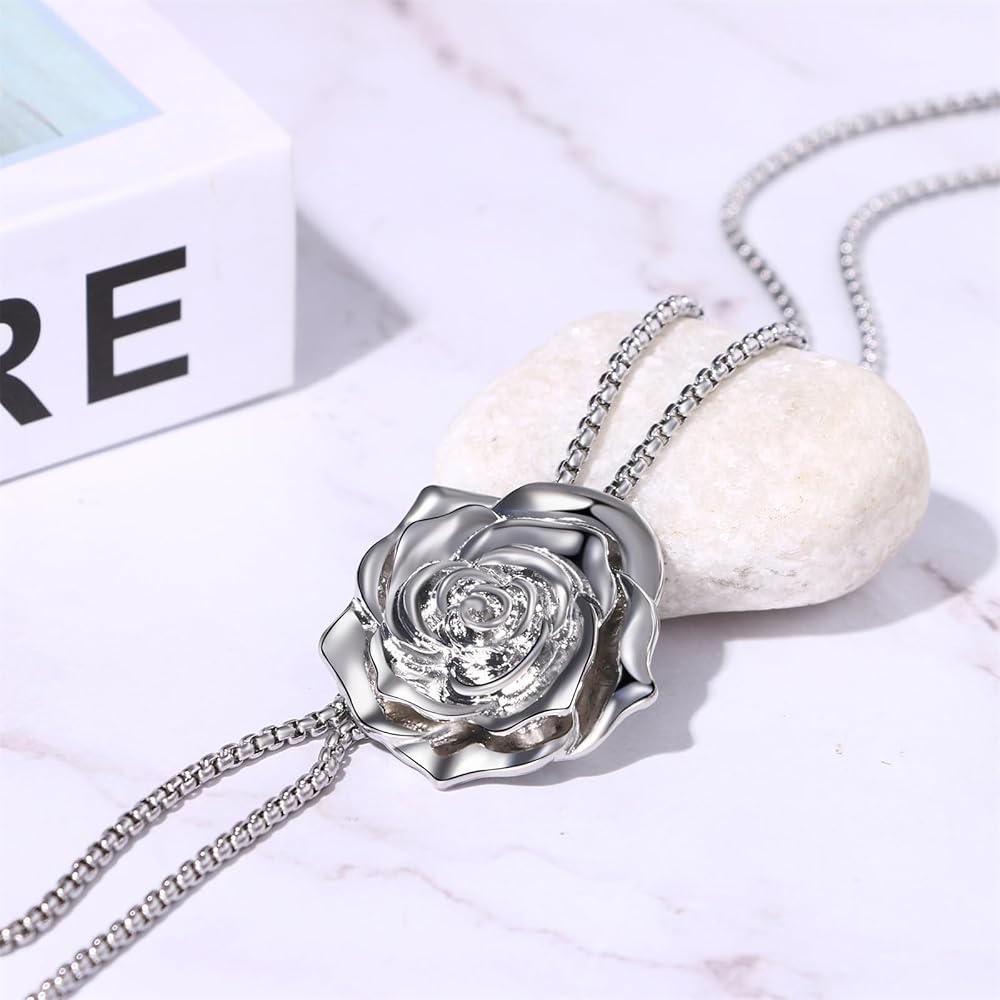 Silver pull-out rose flower long body chain/necklace