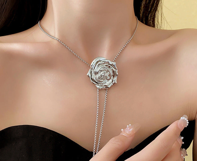 Silver pull-out rose flower long body chain/necklace