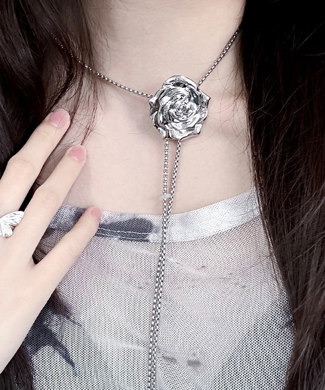 Silver pull-out rose flower long body chain/necklace
