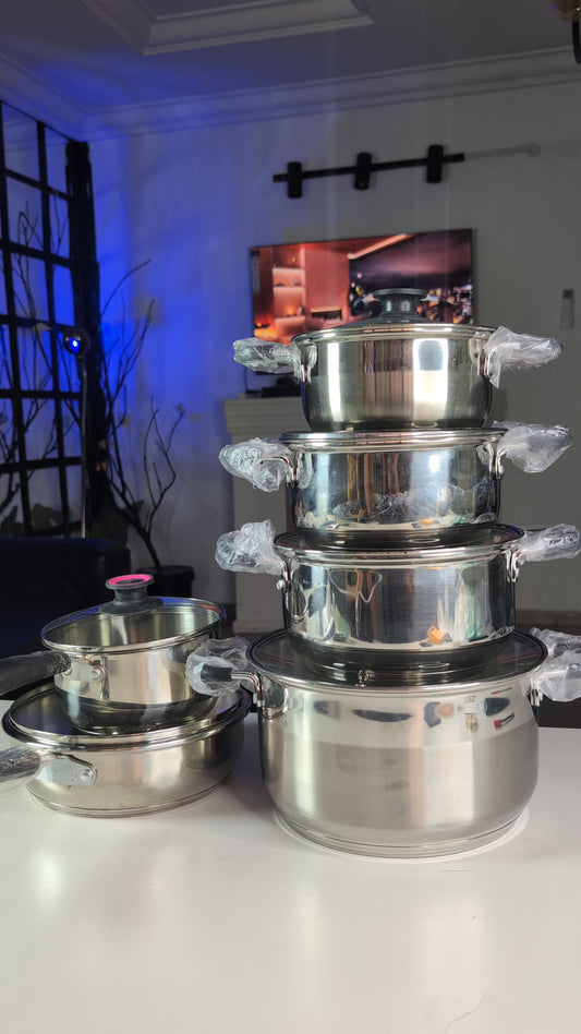 6set - 4 Stainless pot with two frying pan set with glass covers 28cm/24cm/20cm/18cm/22cm
