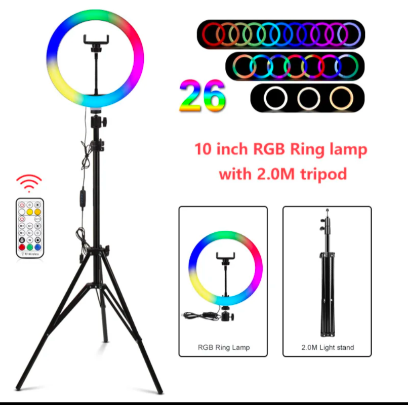 RGB - 10inches Ringlight with 3 Light Shades +Tripod + phone holder multiple colors ring light