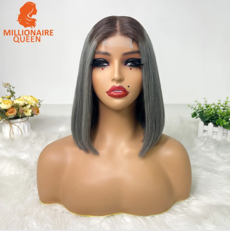 SDD bone straight grey 12 inches with dark root 2by4 closure blunt cut wig