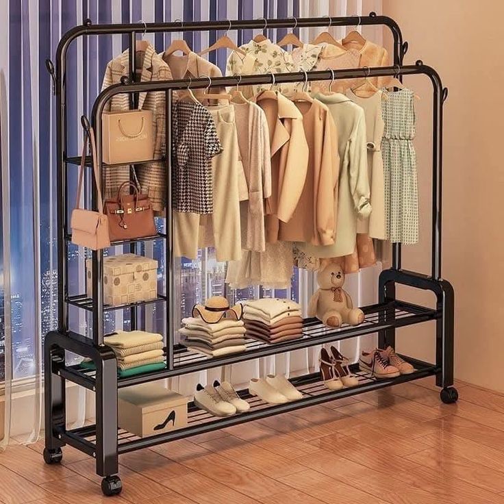 35KG BEARING HEAVY DUTY FLOOR FOLDABLE INDOOR DOUBLE POLE CLOTHE HANGER/RACK