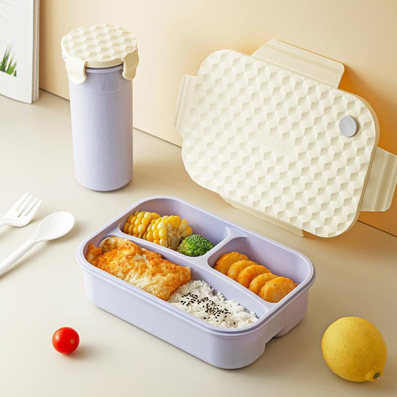 Plastic 3 compartments Bento Food Flask + Free water bottle(no color selection)