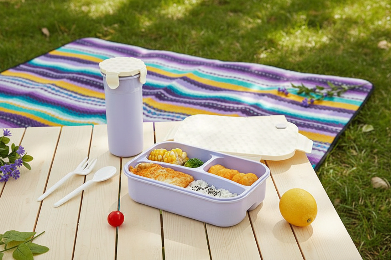 Plastic 3 compartments Bento Food Flask + Free water bottle(no color selection)