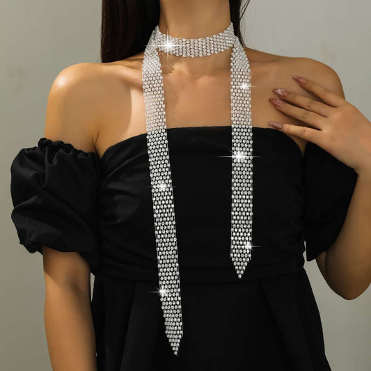 (white) rhinestone long tassel female diamond tie