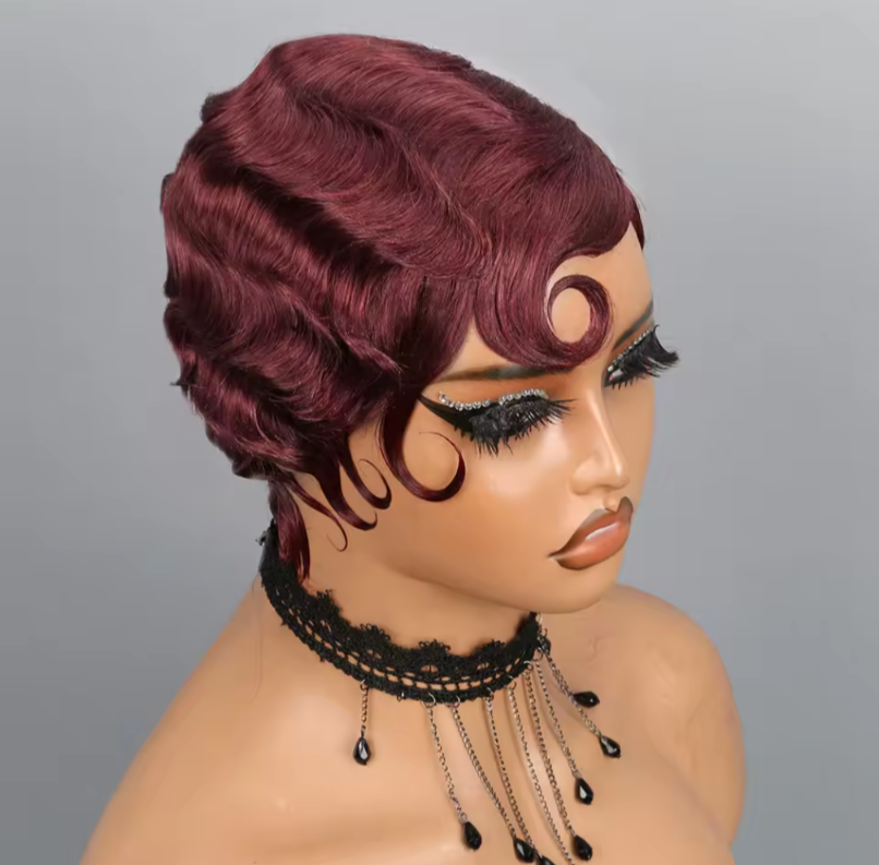 Burgandry  Finger Wave Brazilian texture human hair wig