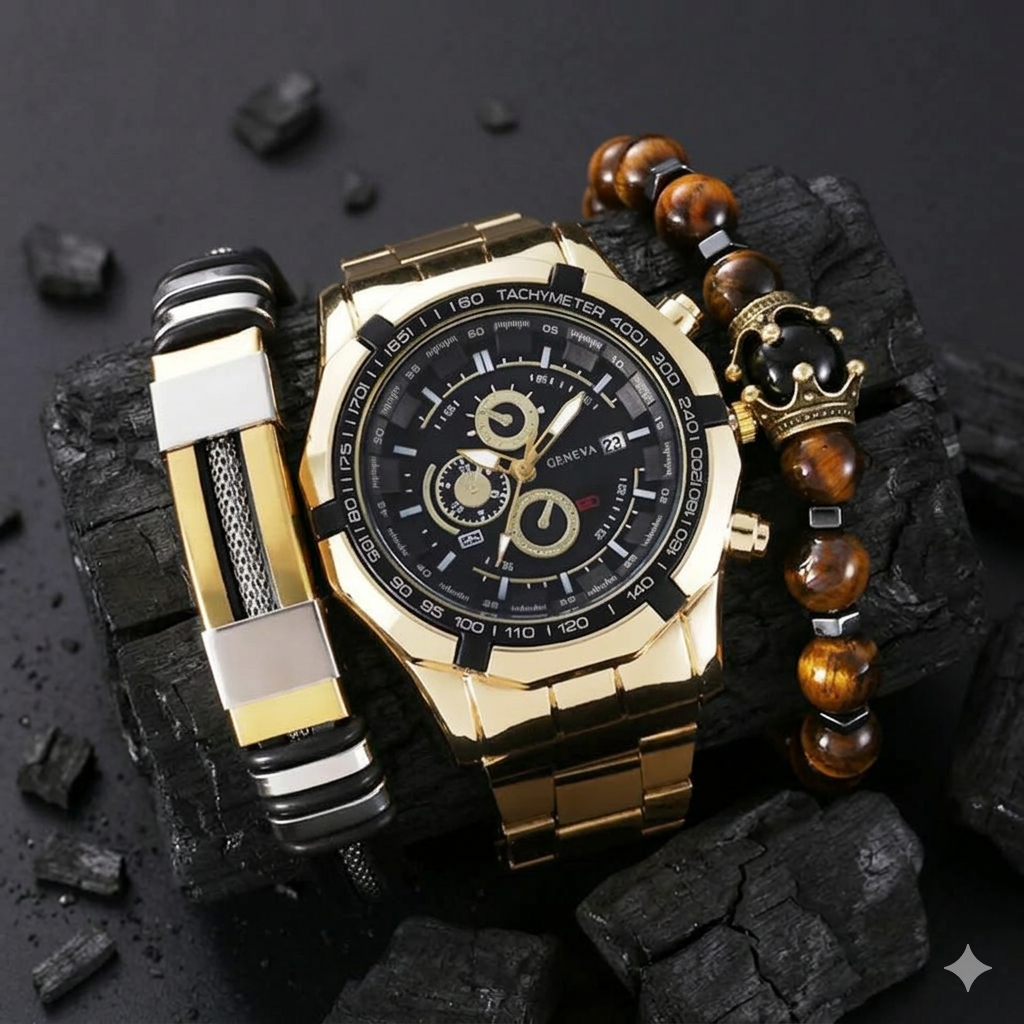 GENEVA QUARTZ FADELESS STEEL 3PCS LUXURY WRIST WATCH SET WITH BOX – WATCH, LEATHER & BEADED BRACELET