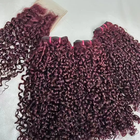 99j Juri curl Hair 20 inches wine Pixie with 4 by 4 closure high quality human hair ( raw hair Replica)