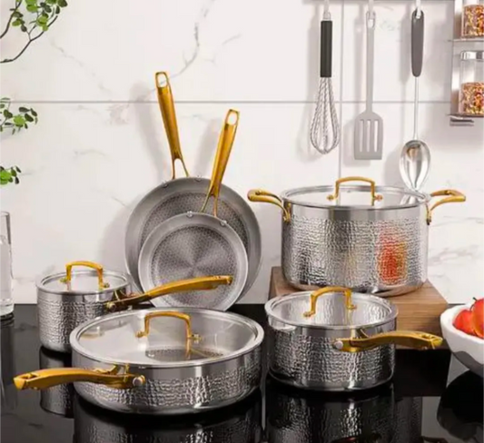 hammered honeycomb gold handle pots and pots set