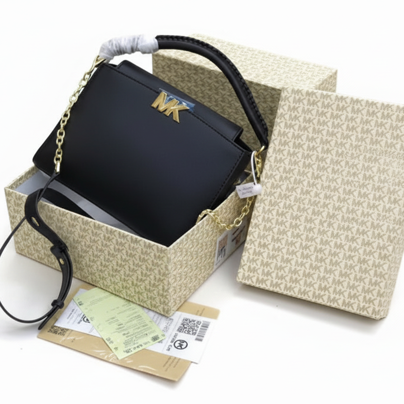 Michael Kors Karlie Medium Leather Satchel in black Boxed