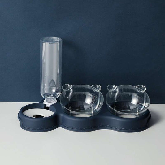 Dark blue Coco double pet feeder with free self dispenser bottle
