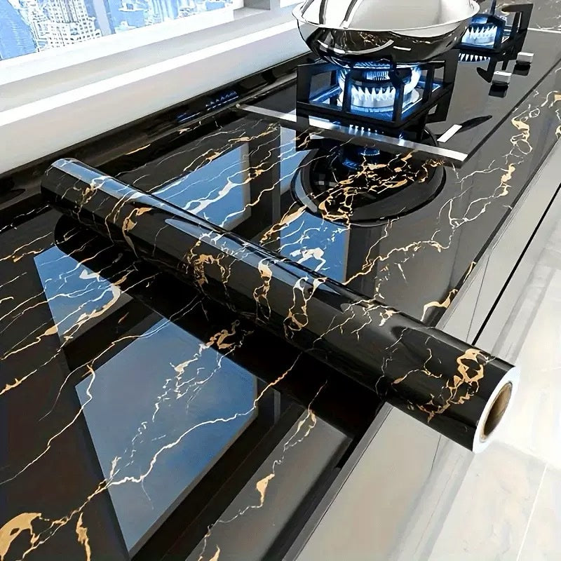 3D MARBLE DESIGN MULTIFUNCTIONAL KITCHEN/WARDROBE WALLPAPER/STICKER (60CM by 5M) – BLACK/GOLD