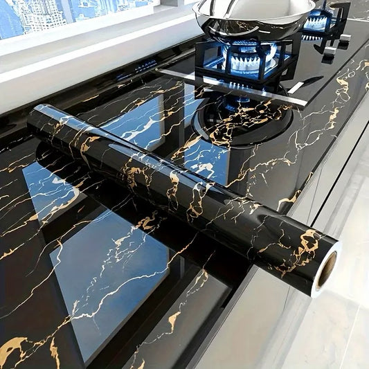 3D MARBLE DESIGN MULTIFUNCTIONAL KITCHEN/WARDROBE WALLPAPER/STICKER (60CM by 5M) – BLACK/GOLD
