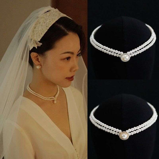 CO47 Elegant  Retro Double-Layered Pearl Necklace with Diamonds