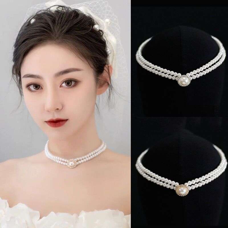 CO47 Elegant  Retro Double-Layered Pearl Necklace with Diamonds