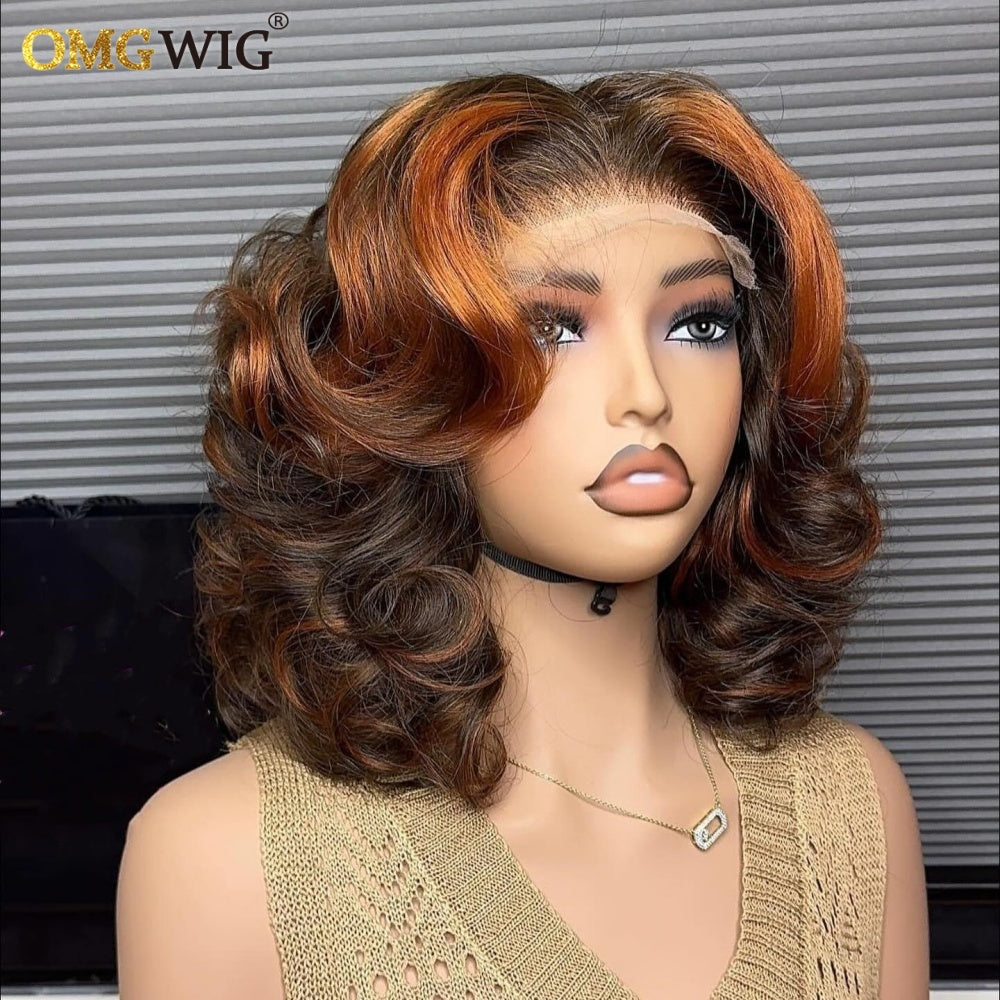 SDD Ginger/Brown Highlight Short Wave Human Hair Wig For Black Women 4x4 Human hair
