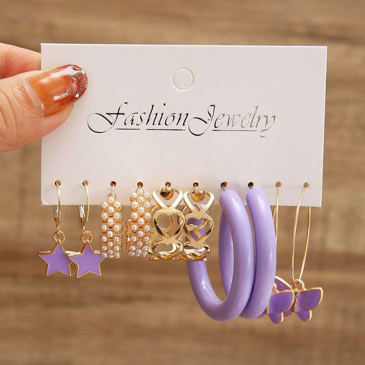 B163  purple butterfly earrings suit 5-piece retro Pearl
