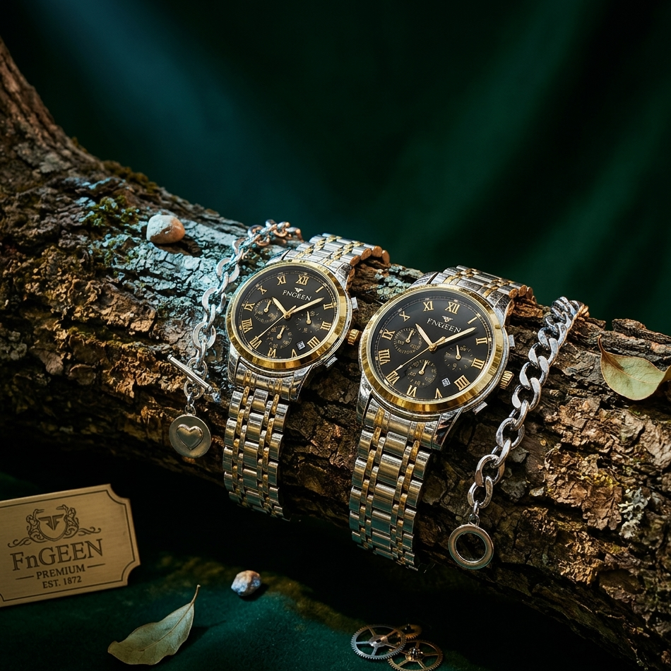 EXQUISITE DELIGHT FOREVERMORE COUPLE 4in1 TITANIUM STEEL LUXURY GIFT SET (Male&Female Watches + Bracelets) – GOLD/SILVER BLEND