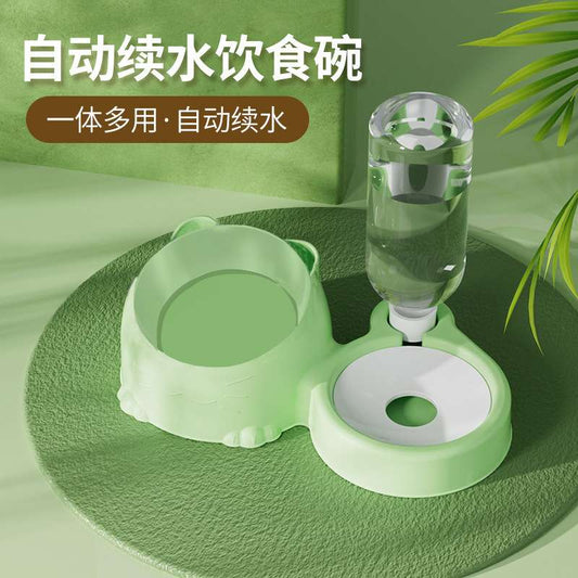 Green Kitty high stand pet feeder with free automatic bottle dispenser