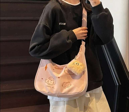 [Preorder] Crossbody Student bag, commuting cute embroider Large bag with Pendant