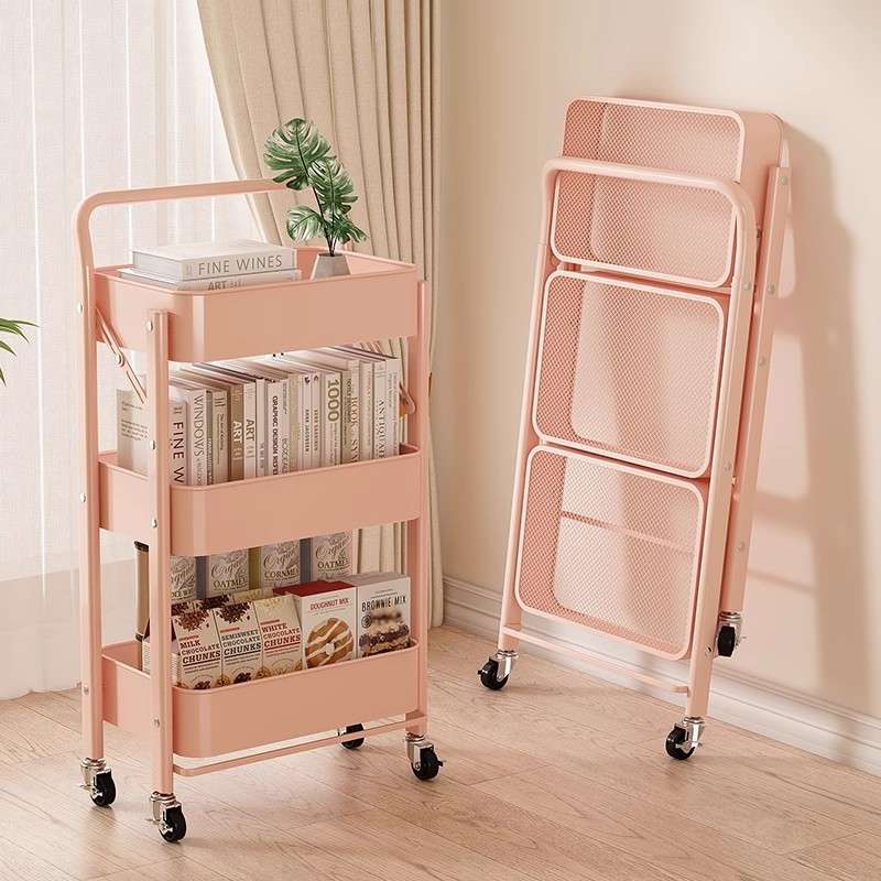 Pink Steel Foldable Cart Storage Rack   Bedroom Bathroom Mobile Floor Bookshelf