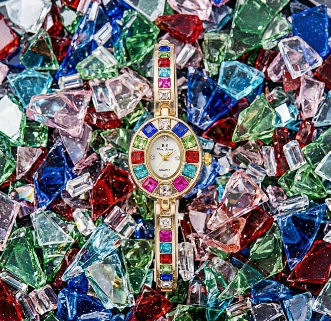 ELEGANT COLOURFUL RHINESTONES METALLIC WOMEN QUARTZ WATCH