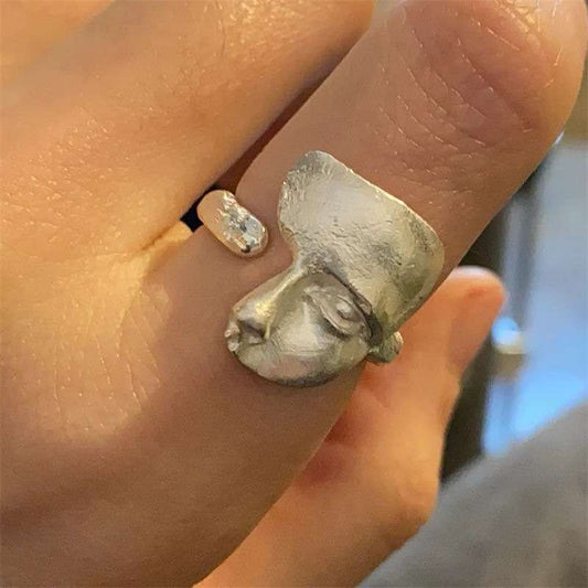 Burnt White Textured Mask silver Handmade Ring  |  High-end Luxury Jewelry Adjustable Ring
