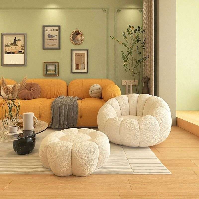 Beige sofa + footrest [breathable snowflake velvet]  Sofa Chair Lamb Velvet Sofa Single Sofa Rotating Bedroom