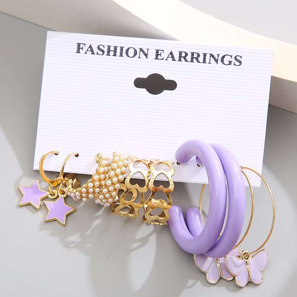 B163  purple butterfly earrings suit 5-piece retro Pearl