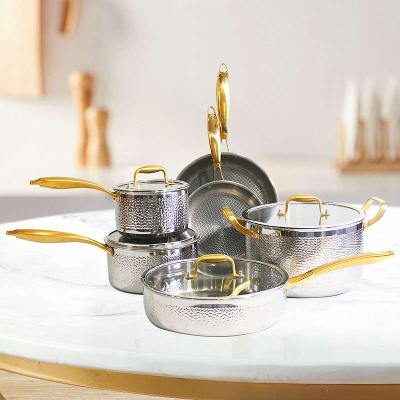 hammered honeycomb gold handle pots and pots set