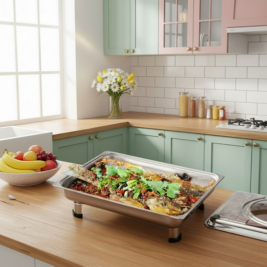 TABLE TOP CHAFFING DISH WITH HALF GLASS/STAINLESS COVER (34by28CM) serving dish