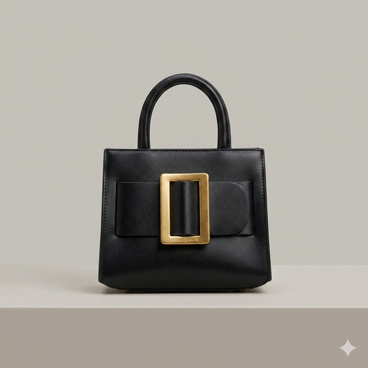 The Black Signature Buckle Satchel Bag comes boxed qs1