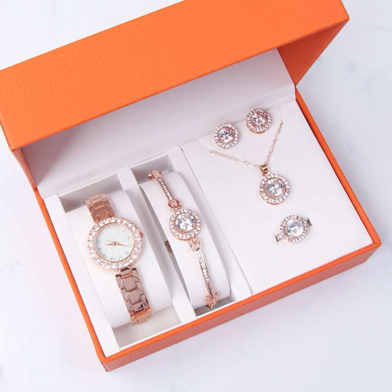 Gift set Rose Gold  Set Diamond Watch + Bracelet Ring + Stud Earrings + Necklace