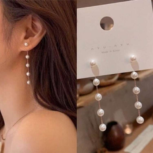 S925 silver needle South Korea Fashion Net red ins elegant pearl long chain tassel earrings