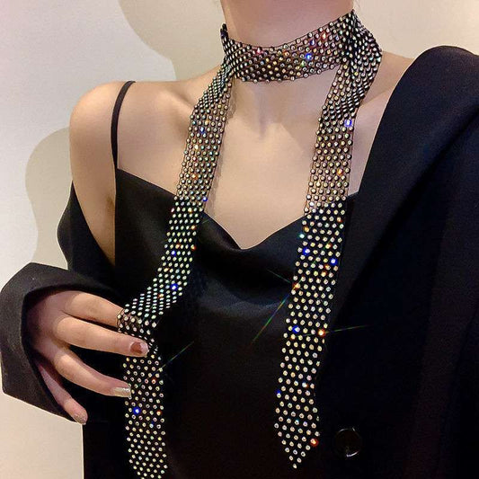 Black rhinestone long tassel female diamond tie
