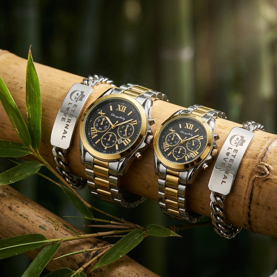 ETERNAL LOVE FOREVERMORE COUPLE 4in1 TITANIUM STEEL FASHION GIFT SET (Male&Female Watches + Chain Bracelets) – GOLD/SILVER BLEND