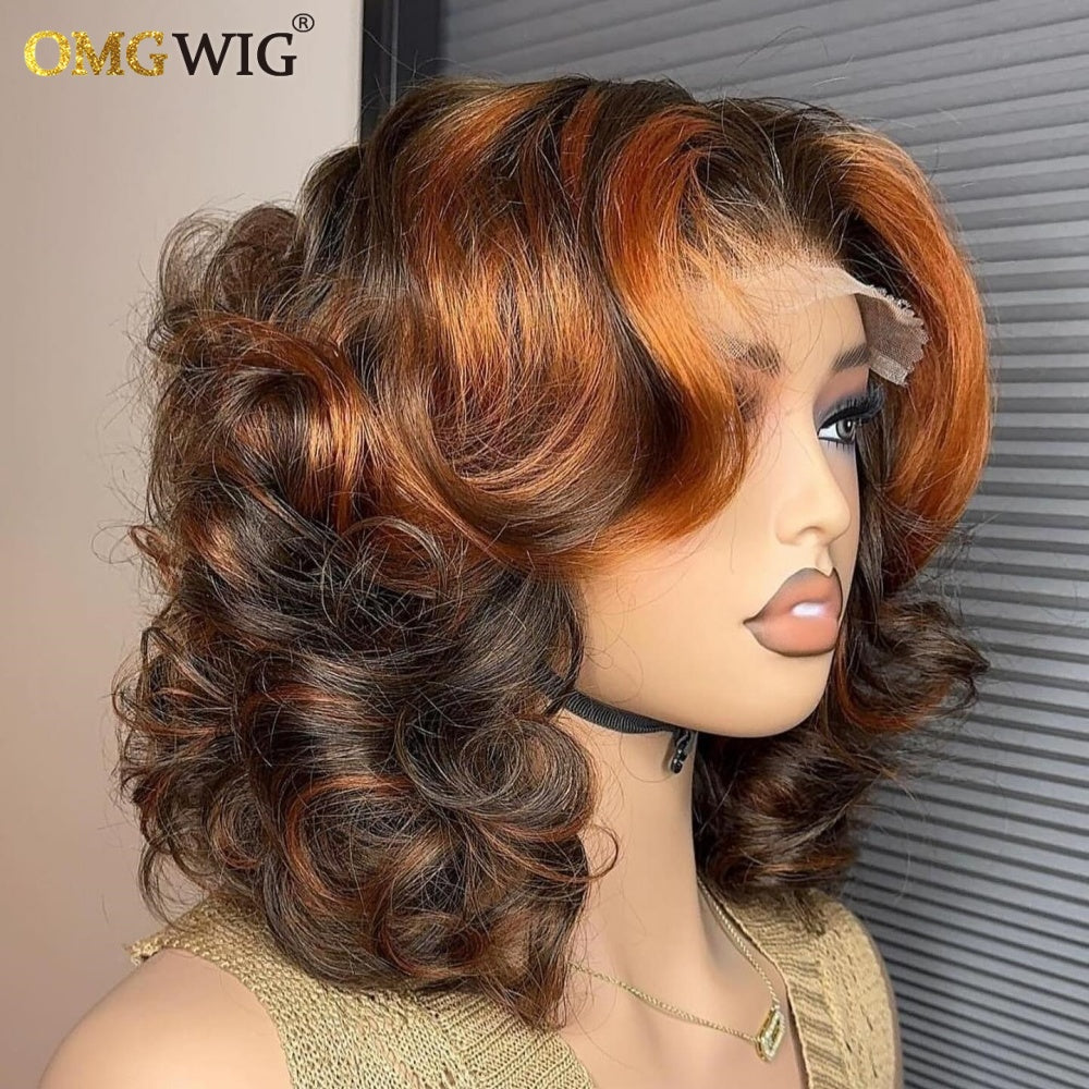 SDD Ginger/Brown Highlight Short Wave Human Hair Wig For Black Women 4x4 Human hair
