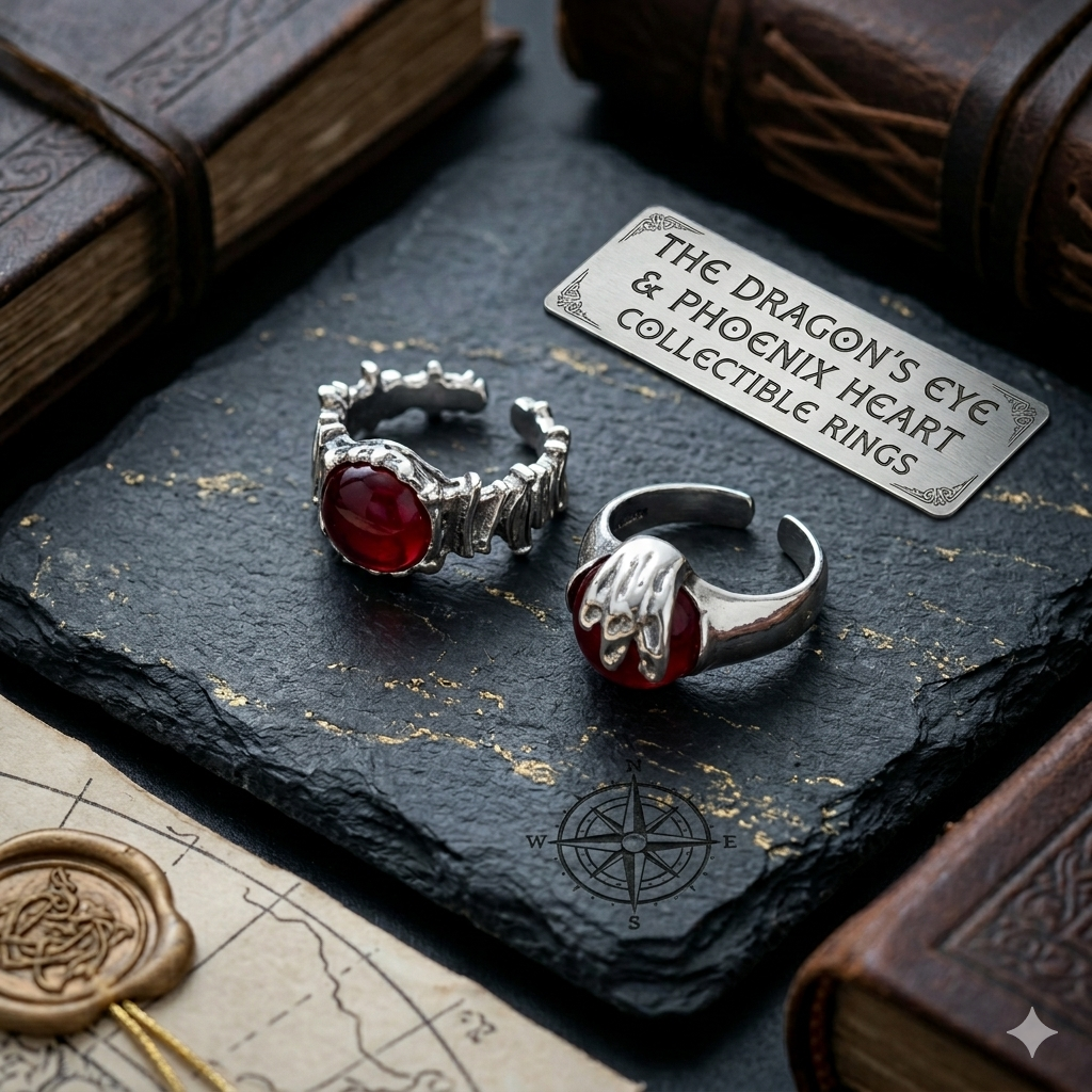 Dragon eye and phoenix heart ring set Adjustable Sizing
