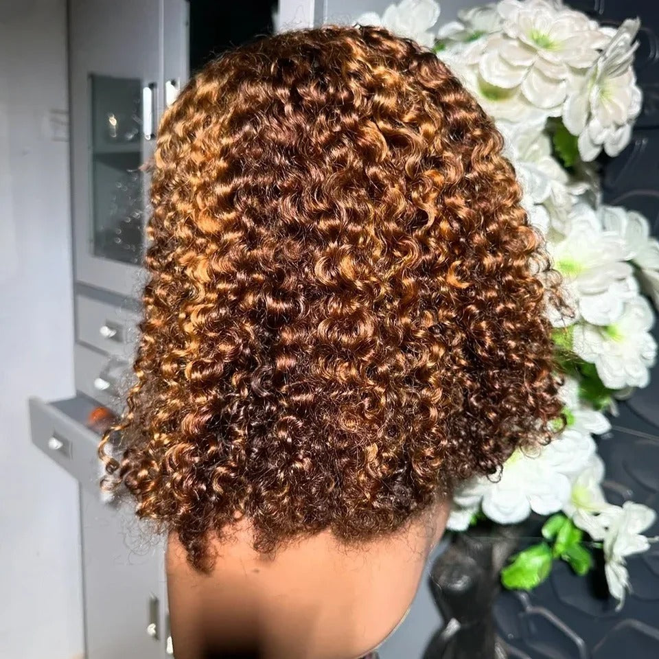 Deep Culry 13x4 Lace Frontal Human Hair Wigs 220% Density #4/27 Highlight Brown Deep Curly Bob 12inches Wig