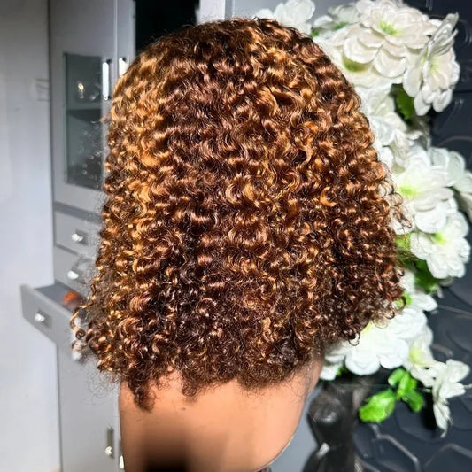 Deep Culry 13x4 Lace Frontal Human Hair Wigs 220% Density #4/27 Highlight Brown Deep Curly Bob 12inches Wig