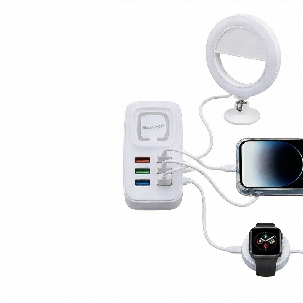 Travel 6 In 1 Multiple USB Fast Charger With LED Light Comes With Type C Cord