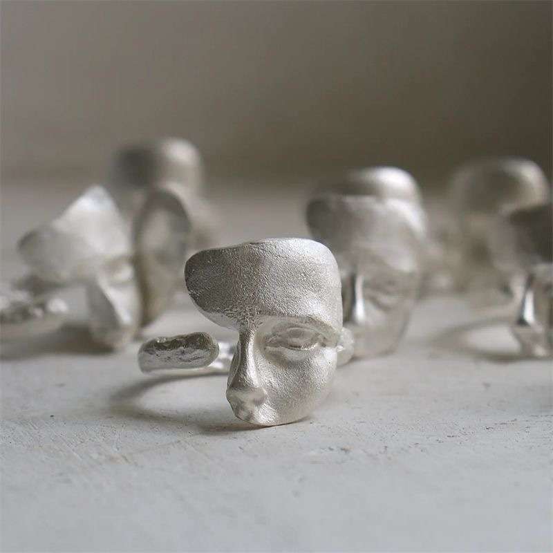 Gold Burnt Textured Mask  Handmade Ring  |  High-end Luxury Jewelry Adjustable Ring