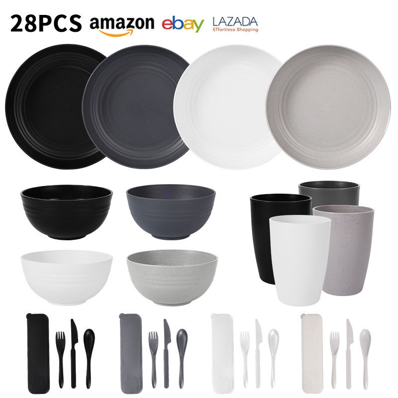 28 Pieces Plates, bowl, cup, serving dish set unbreakable plastic (no color selection)