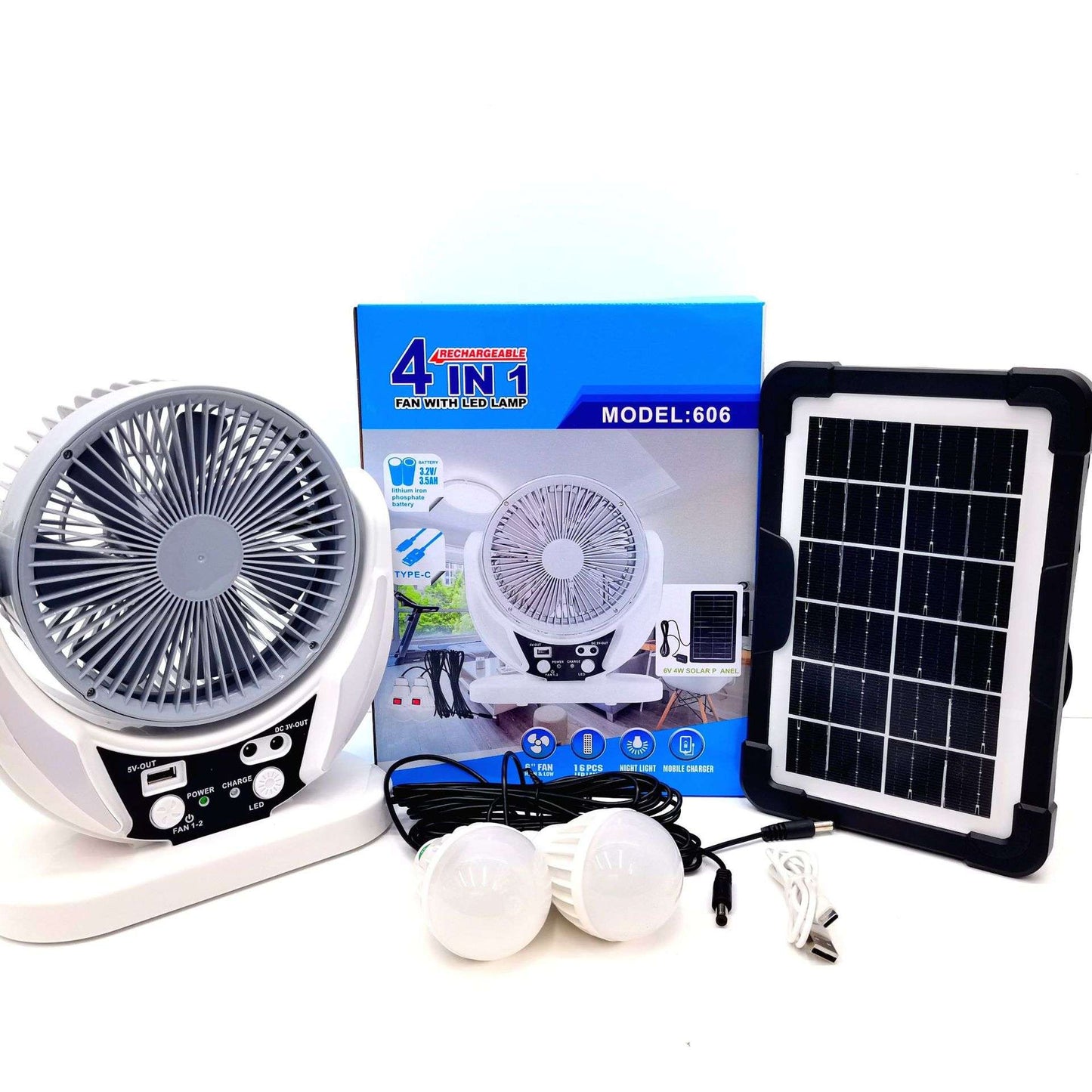 [Preorder] 6 to 9 hours Rechargeable Long Lasting Table Fan + Solar kit & and bulbs - with in built power bank to charge your phone - [Arrives Nigeria in 60days]